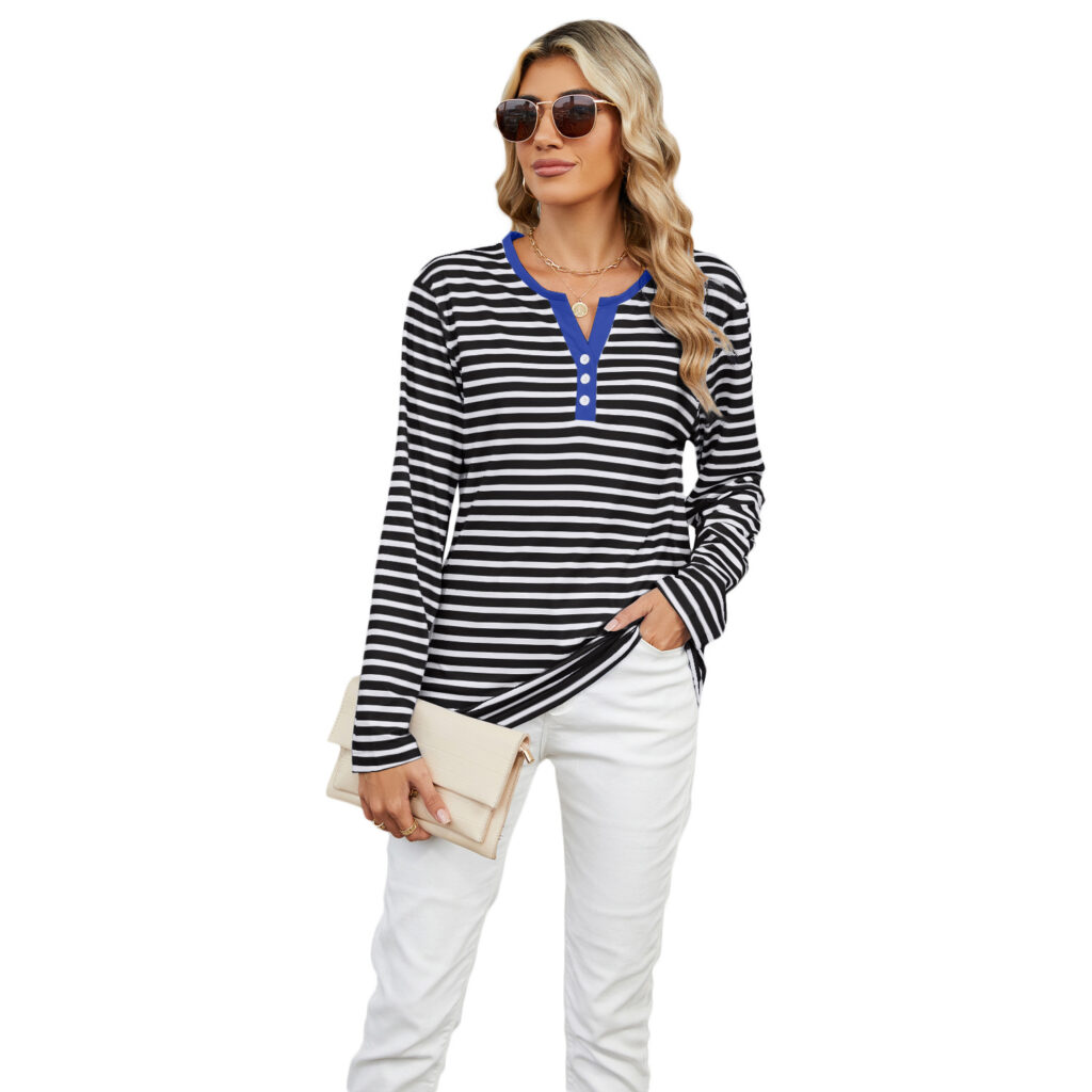 Women's V-neck Striped Loose Long-sleeved T-shirt - Image 6