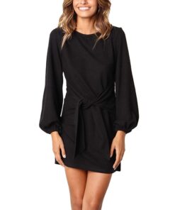 Solid Tie Waist Crew Neck Dress