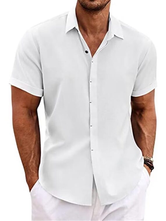 Men's Solid Color Loose Linen Short-sleeved Shirt - Image 2