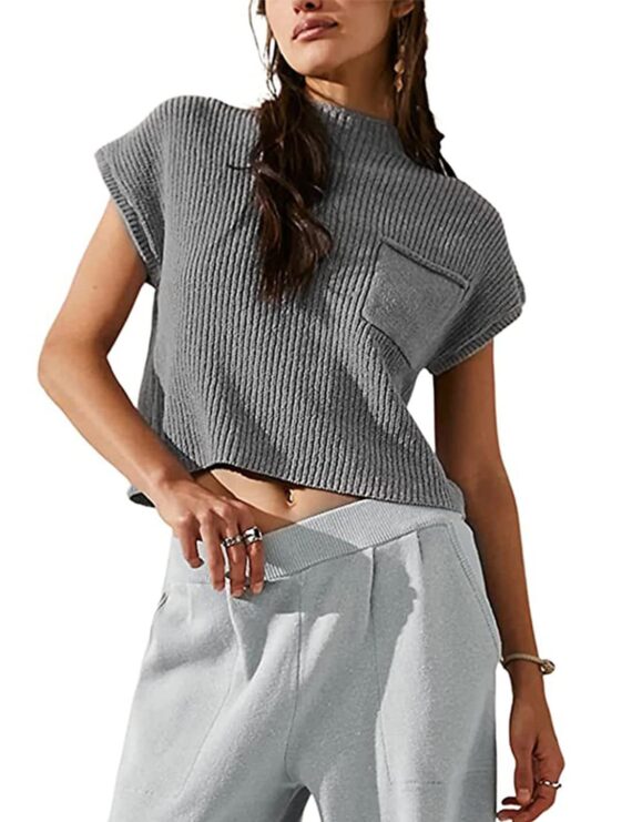 Women's Knitted Sleeveless Pocket Casual Rib Pullover Vest - Image 4