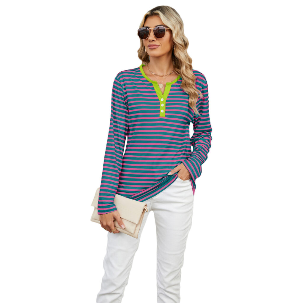 Women's V-neck Striped Loose Long-sleeved T-shirt - Image 7