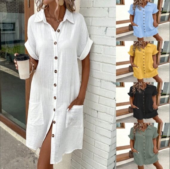 Summer Chic – Short Sleeve Button-Up Loose Mid length Dress - Image 10