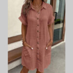 Summer Chic – Short Sleeve Button-Up Loose Mid length Dress - Image 5