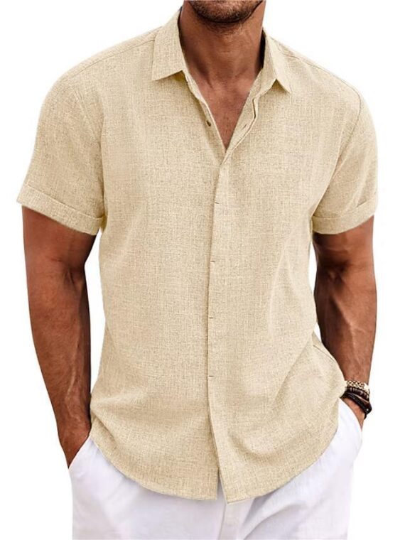 Men's Solid Color Loose Linen Short-sleeved Shirt - Image 7