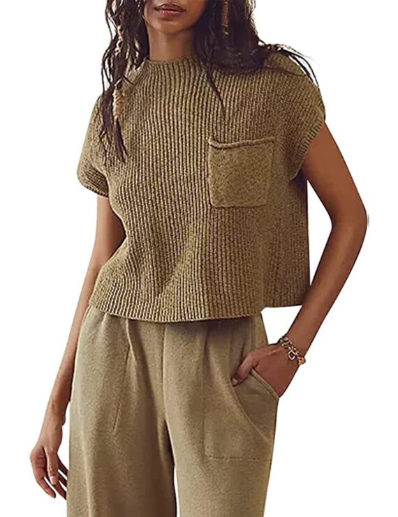Women's Knitted Sleeveless Pocket Casual Rib Pullover Vest - Image 3
