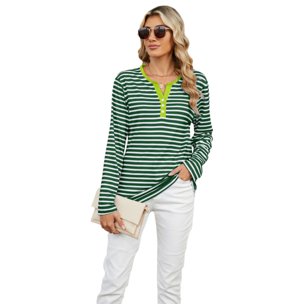Women's V-neck Striped Loose Long-sleeved T-shirt - Image 3