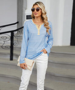 Women's V-neck Striped Loose Long-sleeved T-shirt