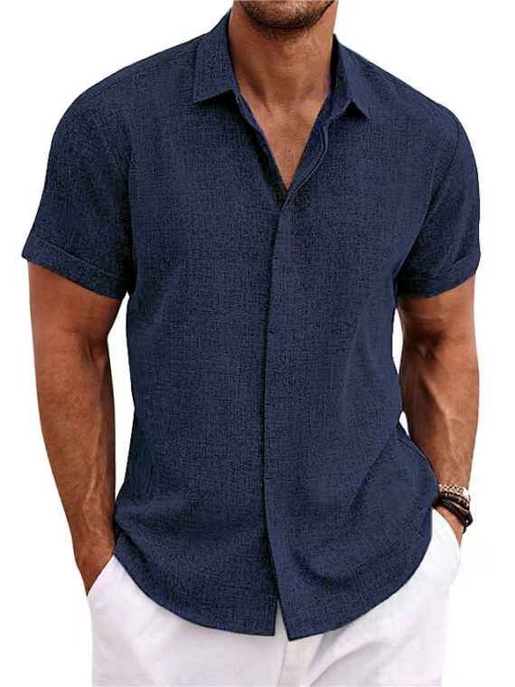 Men's Solid Color Loose Linen Short-sleeved Shirt - Image 4