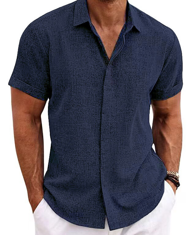 Men's Solid Color Loose Linen Short-sleeved Shirt - Image 4