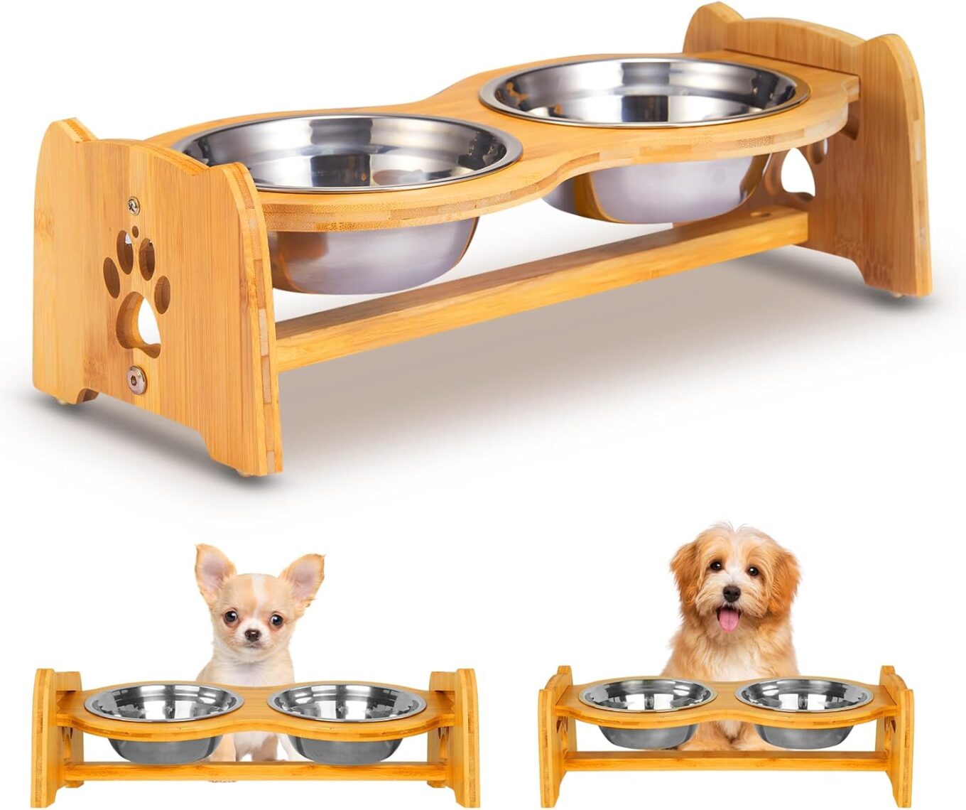 Adjustable Bamboo Raised Dog Bowls with Stainless Steel Bowls