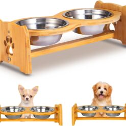 Adjustable Bamboo Raised Dog Bowls with Stainless Steel Bowls