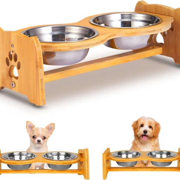Adjustable Bamboo Raised Dog Bowls with Stainless Steel Bowls