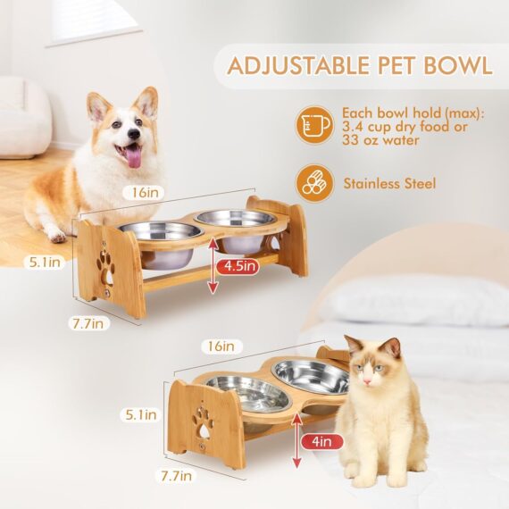 Adjustable Bamboo Raised Dog Bowls with Stainless Steel Bowls - Image 3