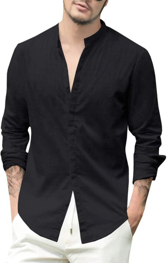 Mens Button up Shirts Linen Beach Long Sleeve Casual Cotton Summer Lightweight Tops - Image 2