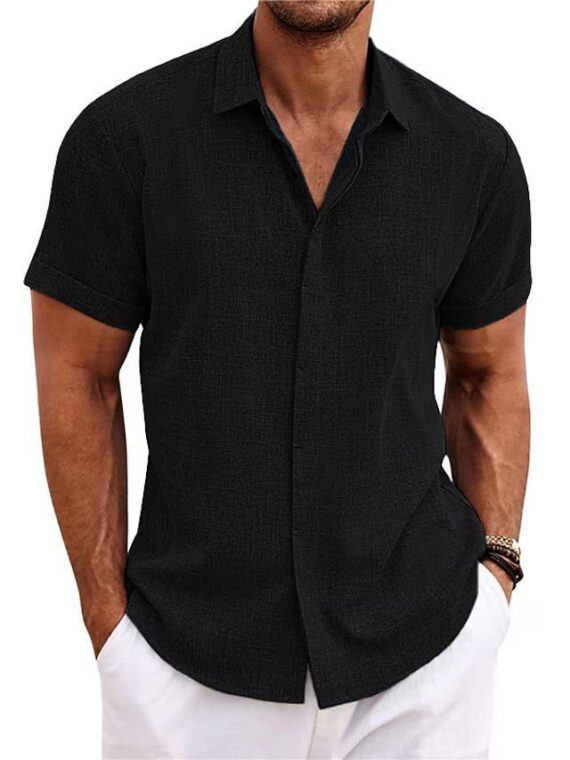 Men's Solid Color Loose Linen Short-sleeved Shirt - Image 3
