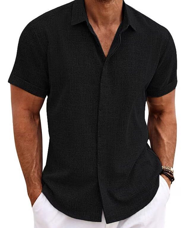 Men's Solid Color Loose Linen Short-sleeved Shirt - Image 3