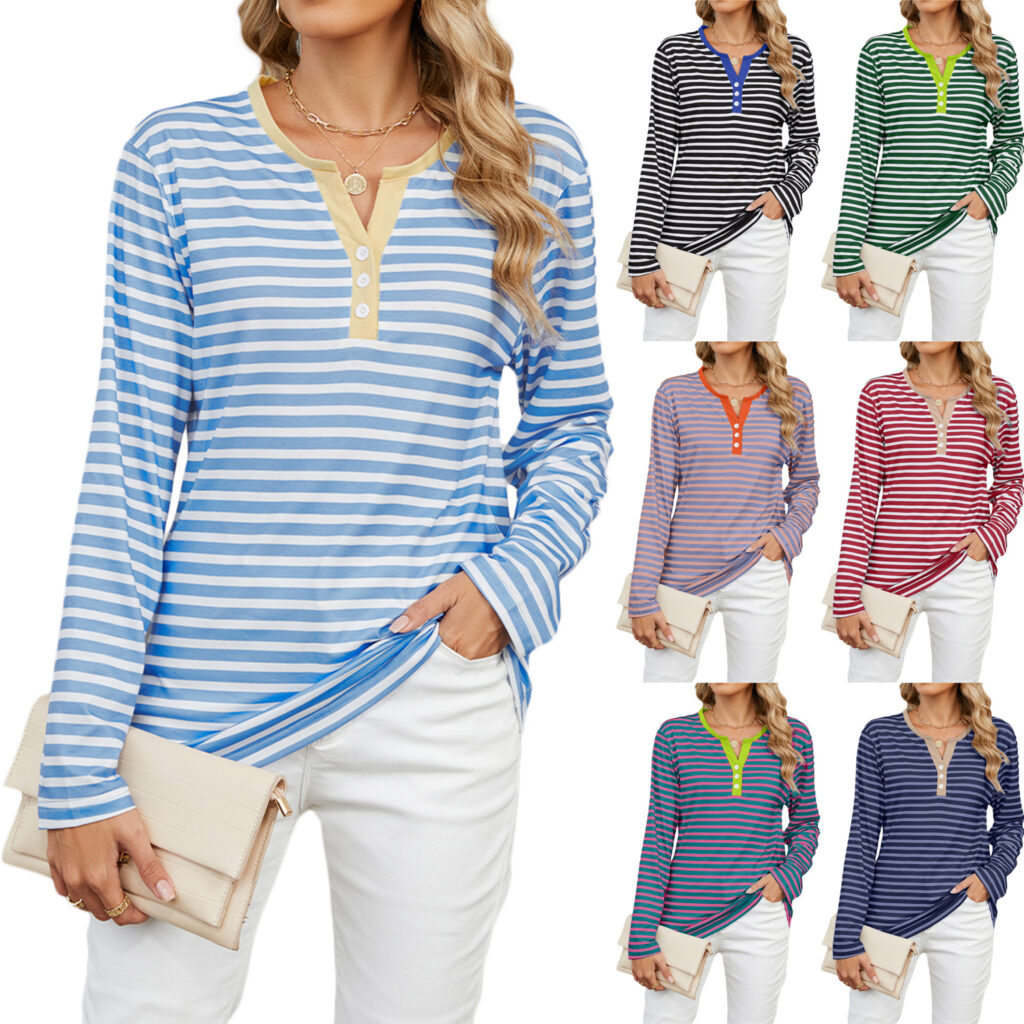 Women's V-neck Striped Loose Long-sleeved T-shirt - Image 4