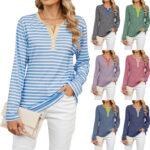 Women's V-neck Striped Loose Long-sleeved T-shirt - Image 4