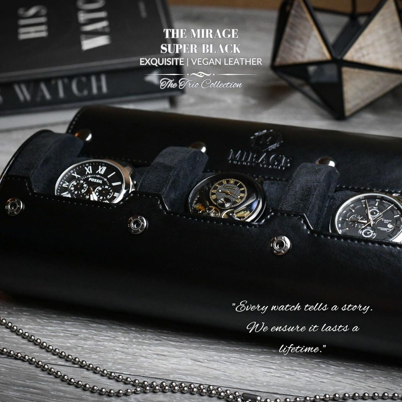 Luxury Travel Watch Case – Sleek 3-Watch Organizer in Black Vegan Leather