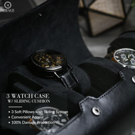Luxury Travel Watch Case – Sleek 3-Watch Organizer in Black Vegan Leather - Image 3