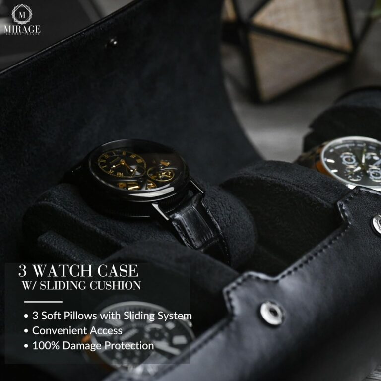 Luxury Travel Watch Case – Sleek 3-Watch Organizer in Black Vegan Leather - Image 3