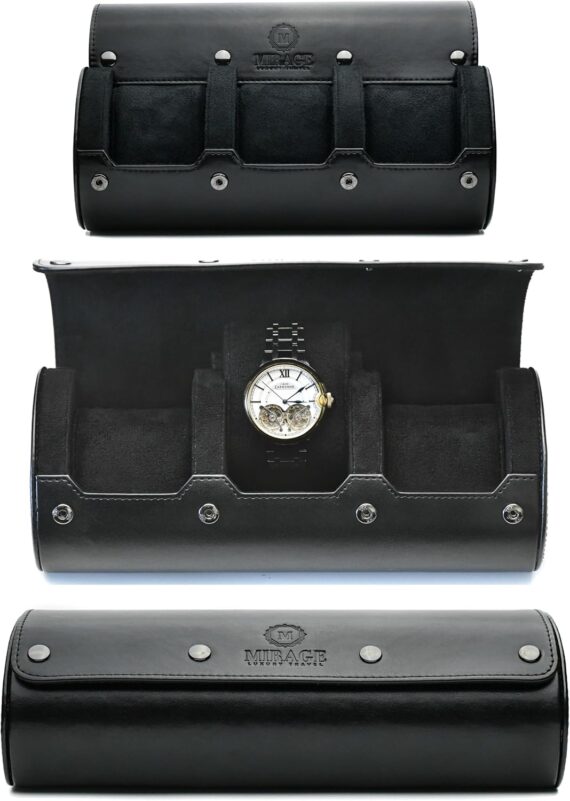 Luxury Travel Watch Case – Sleek 3-Watch Organizer in Black Vegan Leather - Image 2