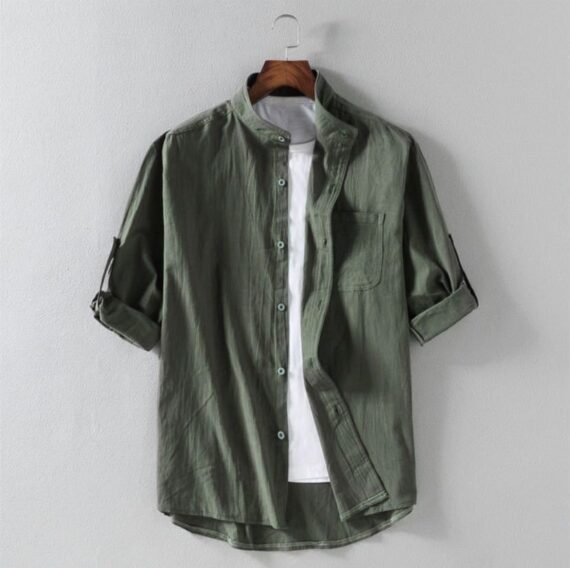 Men's Linen Stand Collar Loose Shirt - Image 3