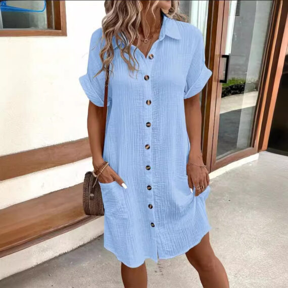 Summer Chic – Short Sleeve Button-Up Loose Mid length Dress - Image 4