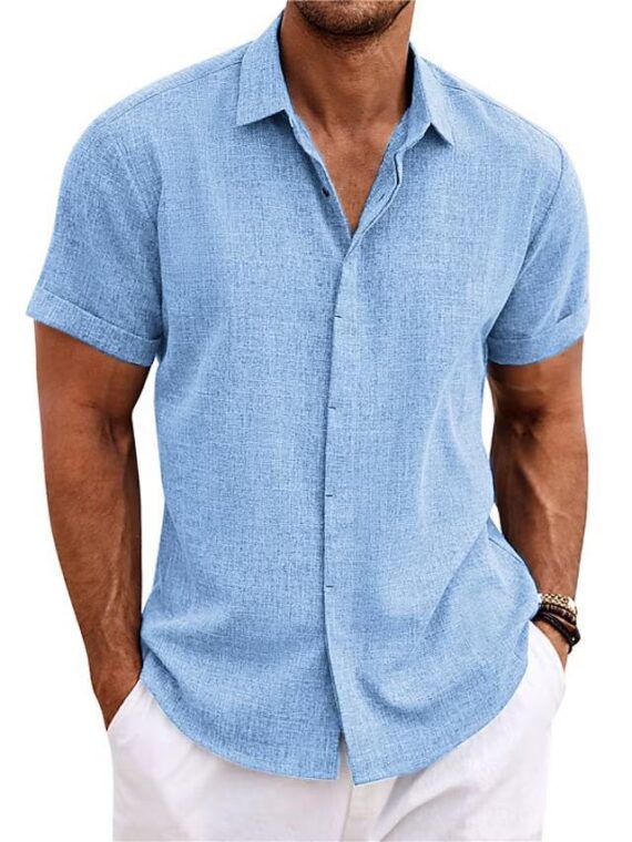 Men's Solid Color Loose Linen Short-sleeved Shirt - Image 5