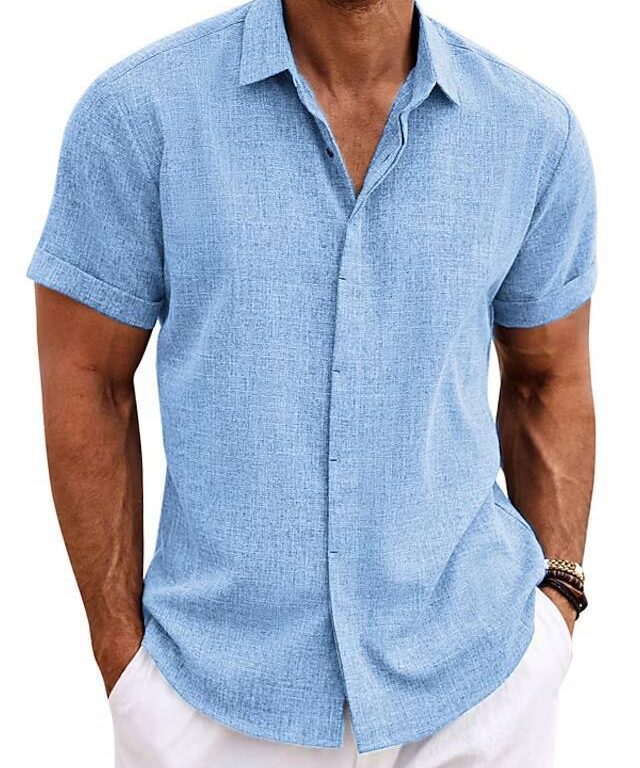 Men's Solid Color Loose Linen Short-sleeved Shirt - Image 5