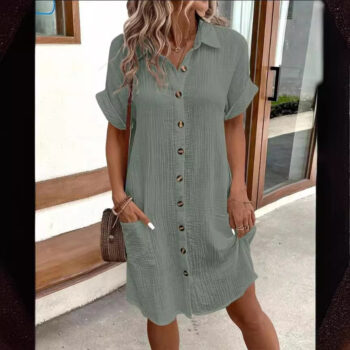 Summer Chic – Short Sleeve Button-Up Loose Mid length Dress