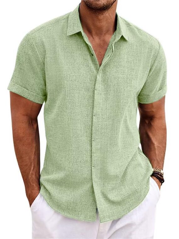 Men's Solid Color Loose Linen Short-sleeved Shirt - Image 6