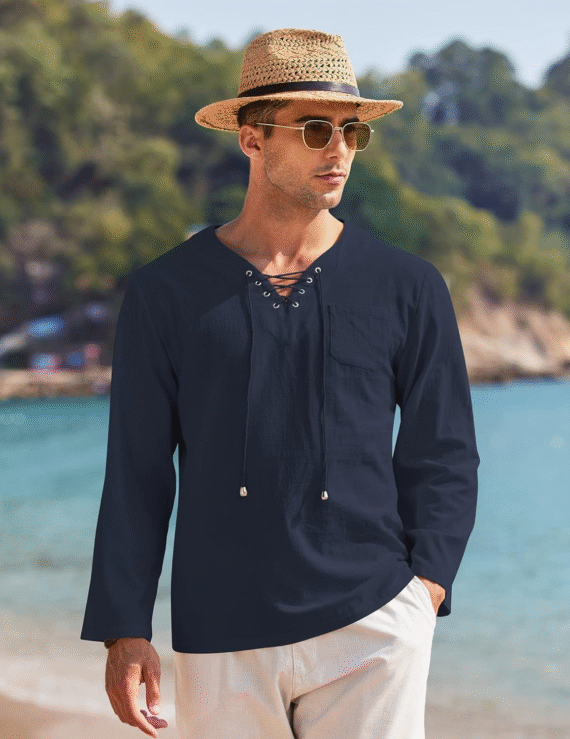 Mens Linen Beach Tee Shirts Cotton Hippie Shirts V Neck Long Sleeve Tunic Big and Tall Yoga Shirt - Image 3
