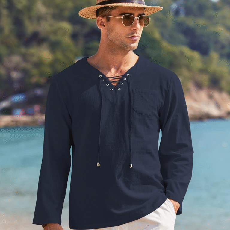 Mens Linen Beach Tee Shirts Cotton Hippie Shirts V Neck Long Sleeve Tunic Big and Tall Yoga Shirt - Image 3