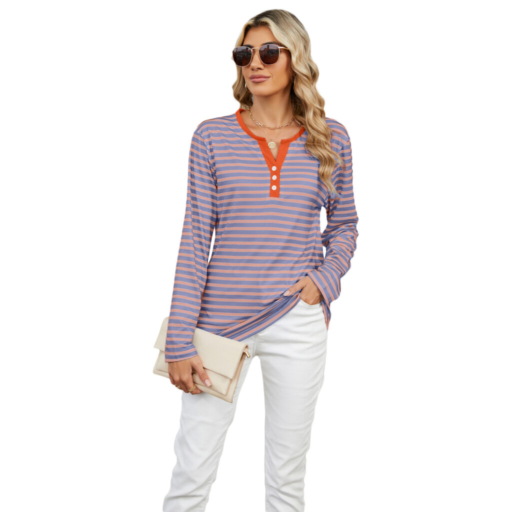 Women's V-neck Striped Loose Long-sleeved T-shirt - Image 2