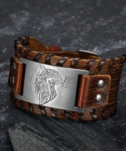 Asgard Crafted Leather Buckle Arm Cuff With Fenrir Design