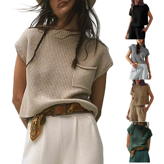 Women's Knitted Sleeveless Pocket Casual Rib Pullover Vest - Image 5