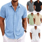 Men's Solid Color Loose Linen Short-sleeved Shirt - Image 8