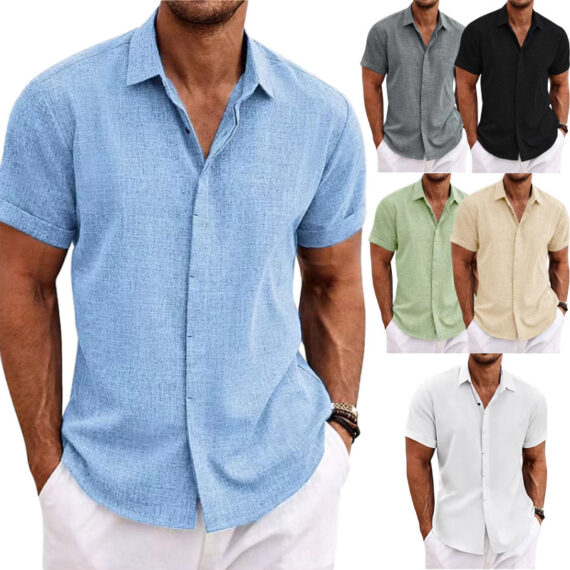 Men's Solid Color Loose Linen Short-sleeved Shirt - Image 8