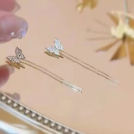 925 Silver Needle Long Tassel Butterfly Earrings - Image 2