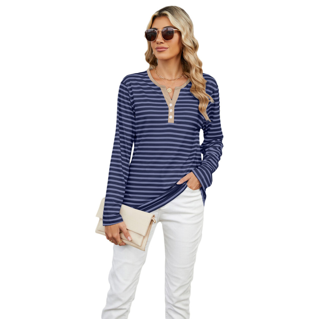 Women's V-neck Striped Loose Long-sleeved T-shirt - Image 5