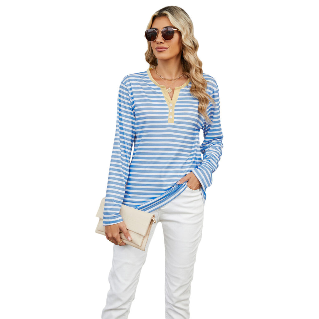 Women's V-neck Striped Loose Long-sleeved T-shirt - Image 9