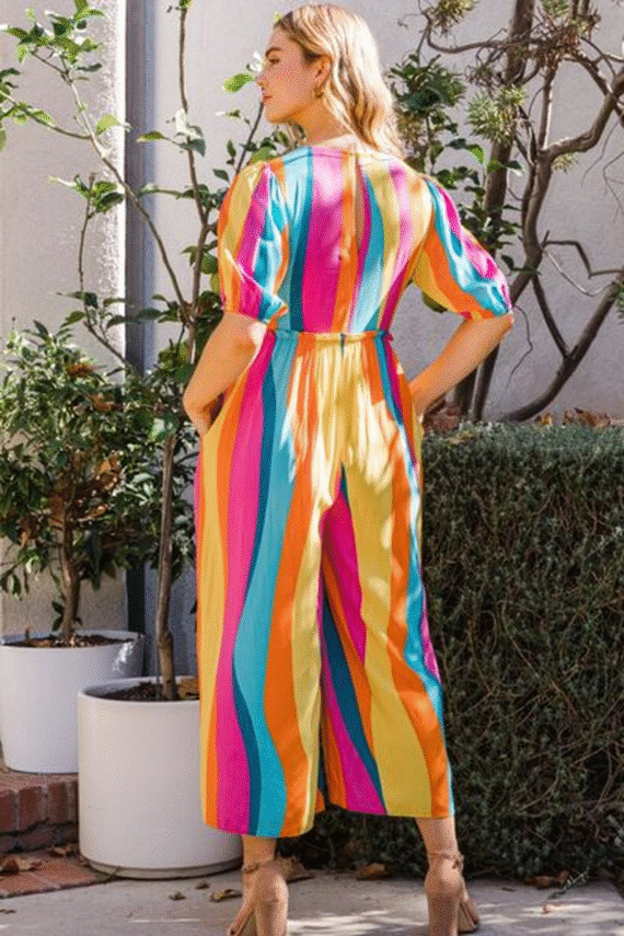 ODDI Striped Puff Sleeve Wide-Leg Jumpsuit - Image 2