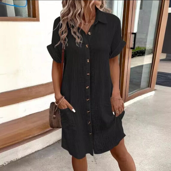 Summer Chic – Short Sleeve Button-Up Loose Mid length Dress - Image 9