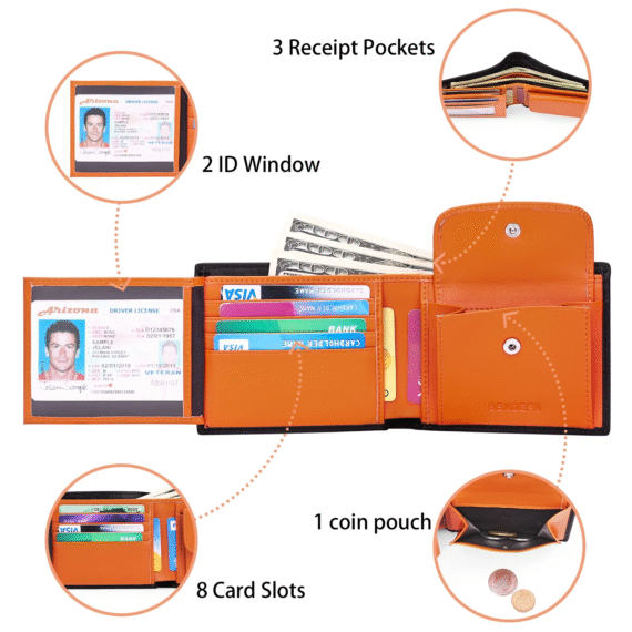 Men's Trifold Leather Wallet RFID Blocking with 8 Card Slots - Image 2