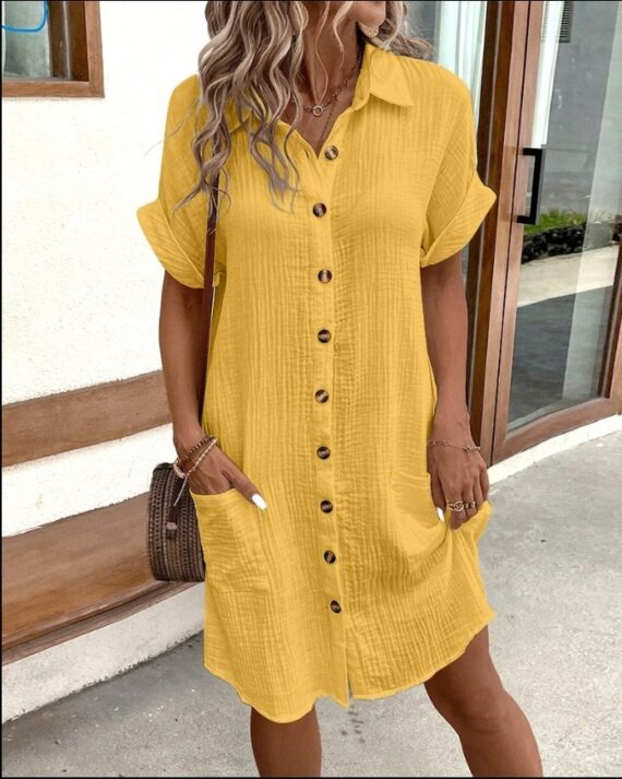 Summer Chic – Short Sleeve Button-Up Loose Mid length Dress - Image 6