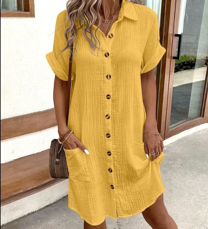 Summer Chic – Short Sleeve Button-Up Loose Mid length Dress - Image 6