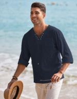 Mens Linen Beach Tee Shirts Cotton Hippie Shirts V Neck Long Sleeve Tunic Big and Tall Yoga Shirt - Image 2