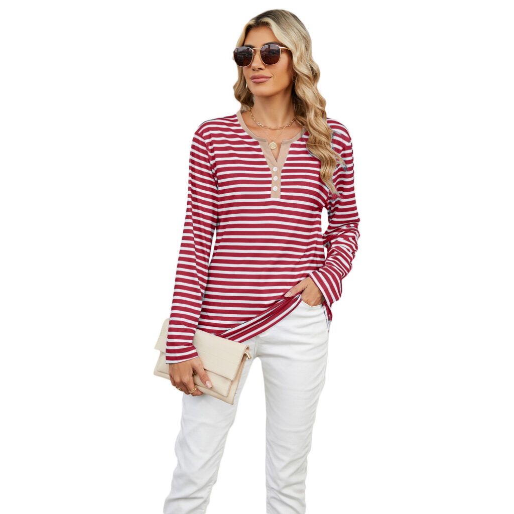 Women's V-neck Striped Loose Long-sleeved T-shirt - Image 8