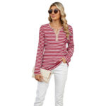 Women's V-neck Striped Loose Long-sleeved T-shirt - Image 8